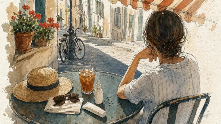 Ink and watercolor sketch of a café table with a sun hat, sunglasses, sunscreen and a dropper bottle