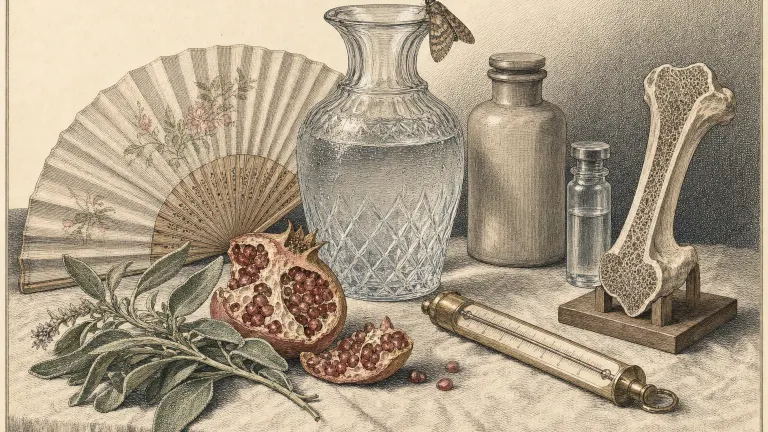 Engraving-style still life of a water carafe, paper fan, thermometer, bone cross-section and pomegranate