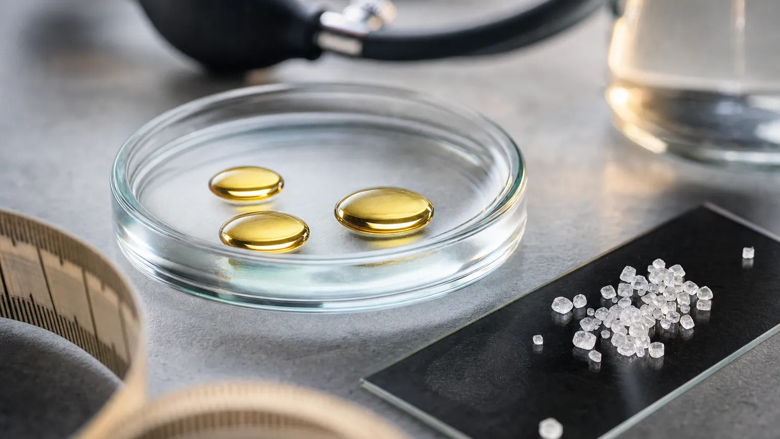 Macro photo of oil droplets in a petri dish beside sugar crystals and a coiled measuring tape.