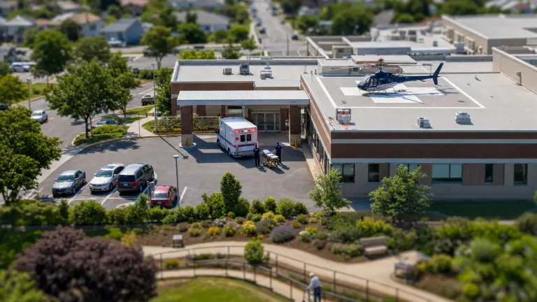 Tilt-shift aerial view of an ambulance at a hospital entrance beside a rehabilitation garden path.