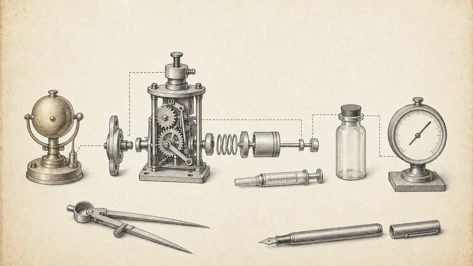 Patent-style ink drawing of a bell, clockwork pump, vial and blank gauge connected by dashed lines