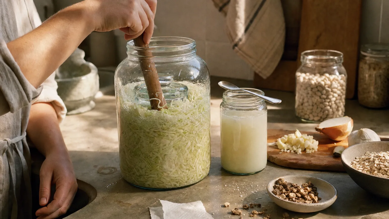 Film photo of a cabbage fermentation jar on a kitchen counter with kefir, garlic and oats, hands tamping.