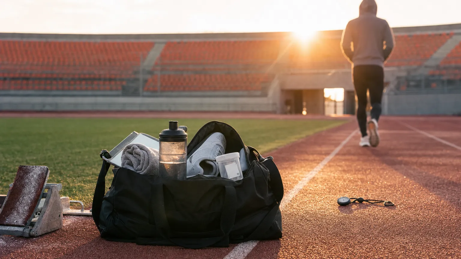 Sunset running track with an open sports bag, a sealed specimen cup and an athlete walking away.