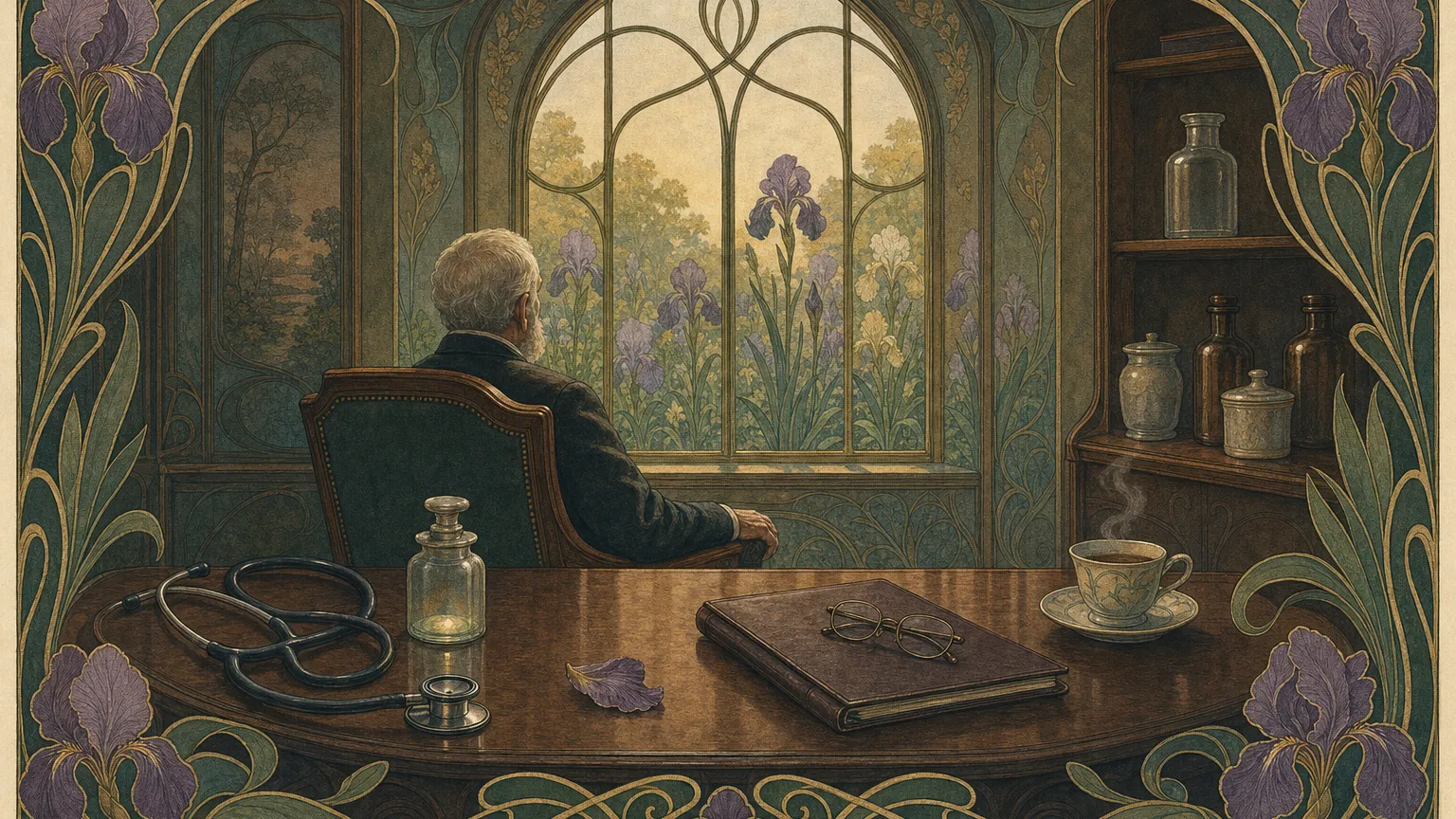 Art Nouveau illustration of an older man seen from behind in a consulting room with a stethoscope and vial.