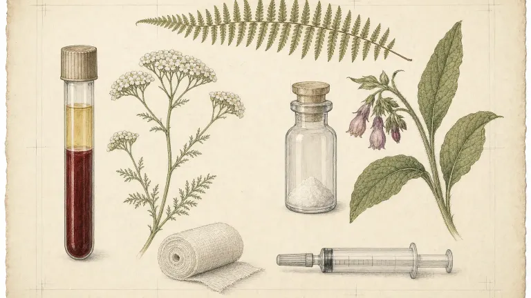 Botanical-style plate of a separated blood tube and a powder vial beside yarrow, comfrey, gauze and a syringe.