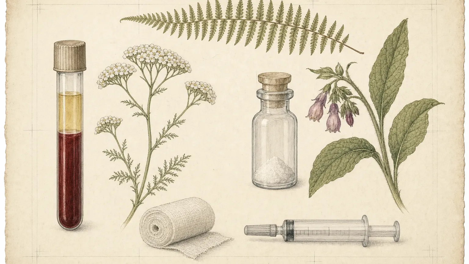 Botanical-style plate of a separated blood tube and a powder vial beside yarrow, comfrey, gauze and a syringe.