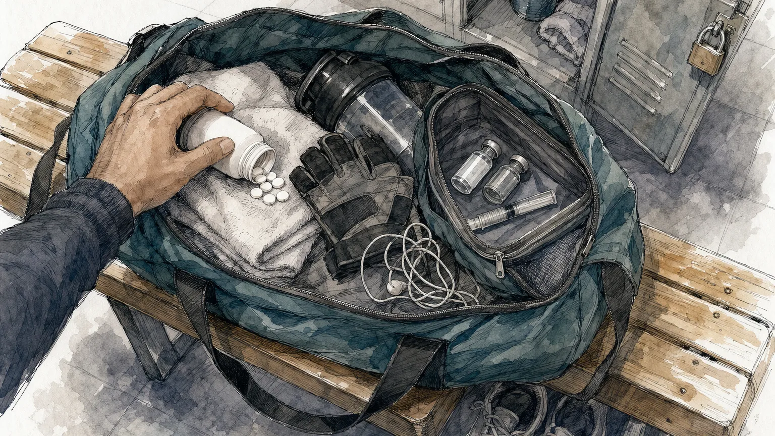 Ink and watercolor sketch of a gym bag holding a pill bottle on one side and vials on the other.