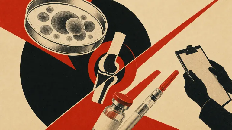 Constructivist red-and-black poster of a petri dish of cells and a vial converging on a geometric knee joint.