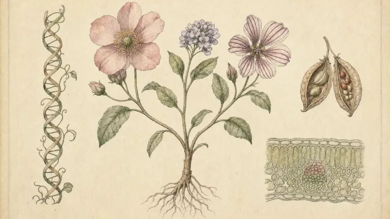 Botanical plate of one plant branching into varied flowers, with a tendril double ribbon and split seed pod.