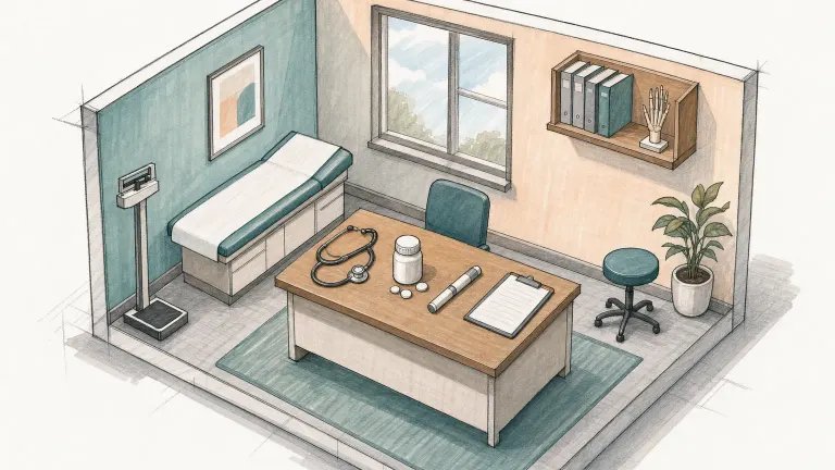 Isometric marker drawing of a doctor's office desk with a pill bottle, a capped injection pen and a stethoscope.
