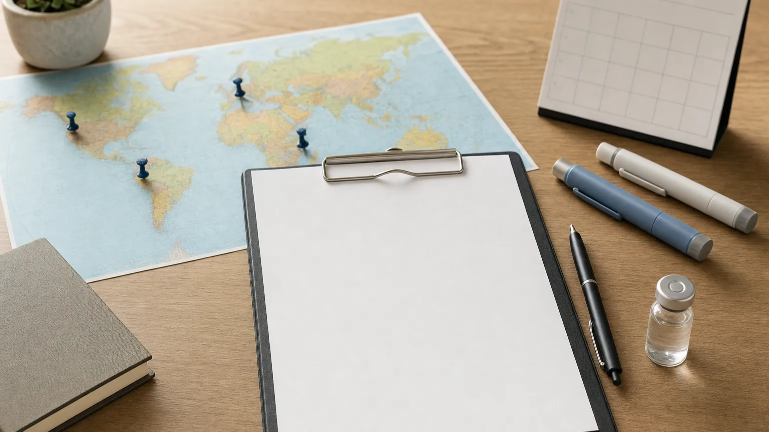 Clipboard with a consent form, a world map with pins, a calendar and a small vial on a desk
