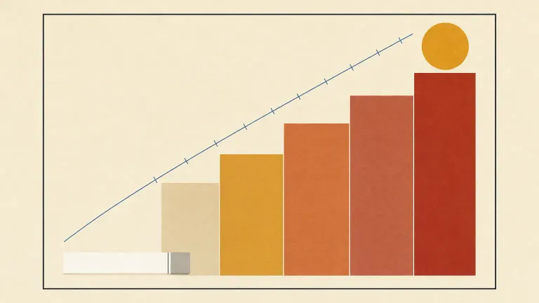 Geometric poster of six rising stepped blocks in warming colors with a circle sun and a simple injection pen shape.