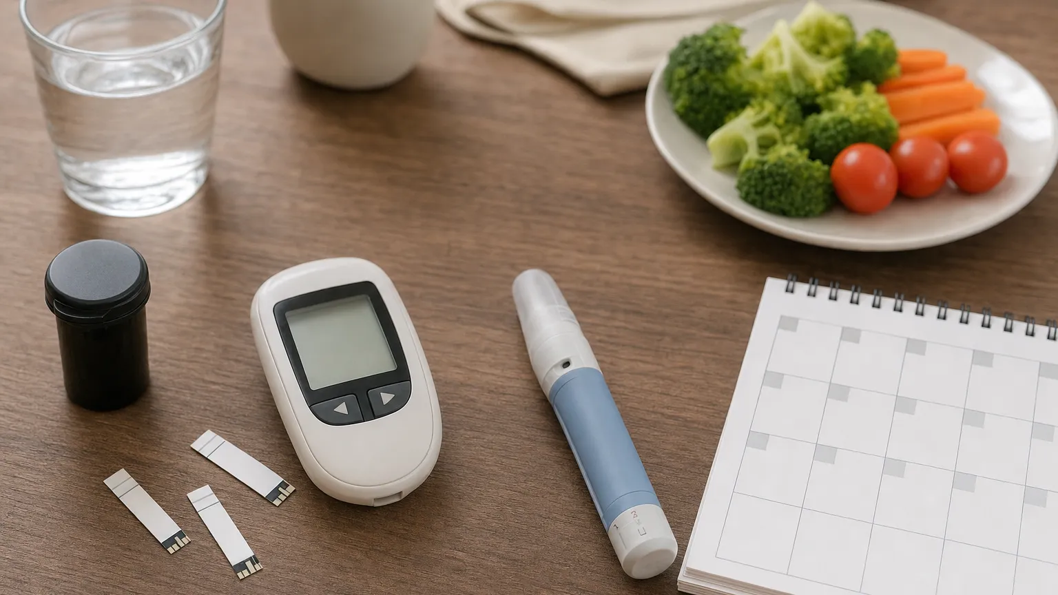 Glucose meter, test strips, injection pen, vegetable plate and blank weekly calendar on a table