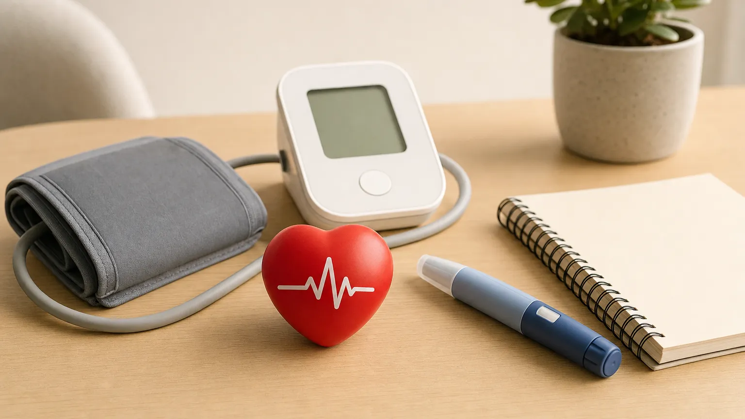 Blood pressure cuff and monitor beside a heart shape with a pulse line and an injection pen