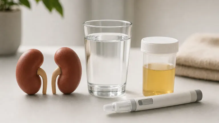 Two kidney shapes beside a glass of water, a sample cup and an injection pen
