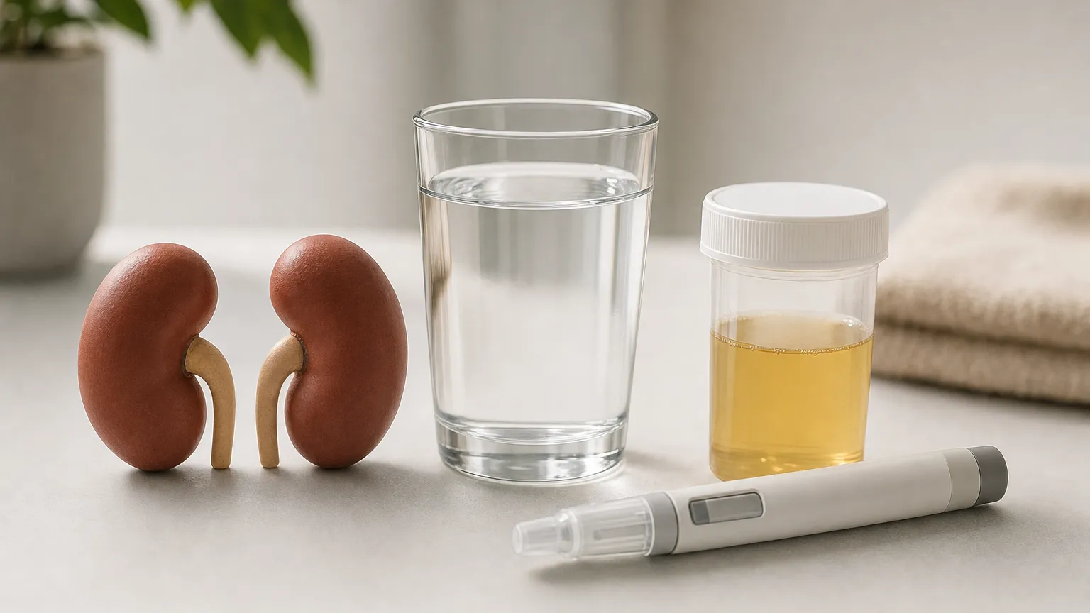 Two kidney shapes beside a glass of water, a sample cup and an injection pen
