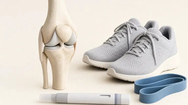Knee joint illustration beside walking shoes, a resistance band and an injection pen