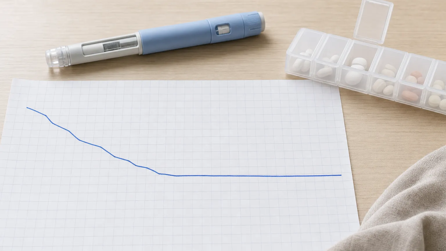 Graph paper showing a downward slope that levels off, beside an injection pen and a weekly calendar