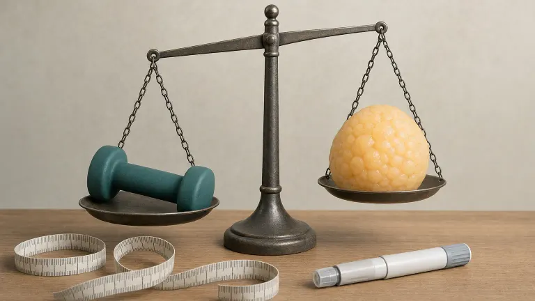 Balance scale with a dumbbell and a soft fat shape beside a measuring tape and injection pen