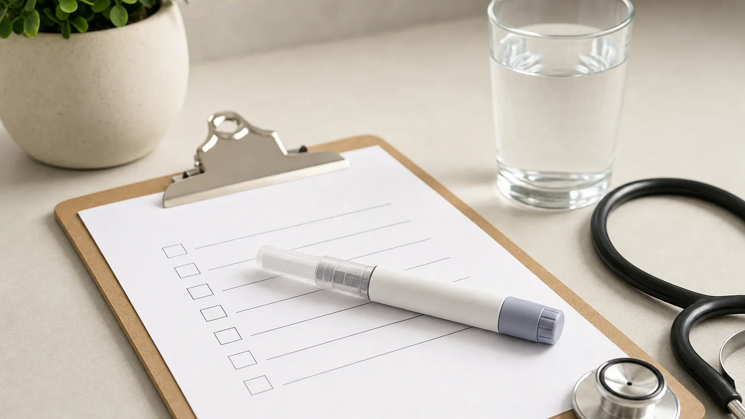 Injection pen on a clipboard with a blank symptom checklist, a glass of water and a stethoscope