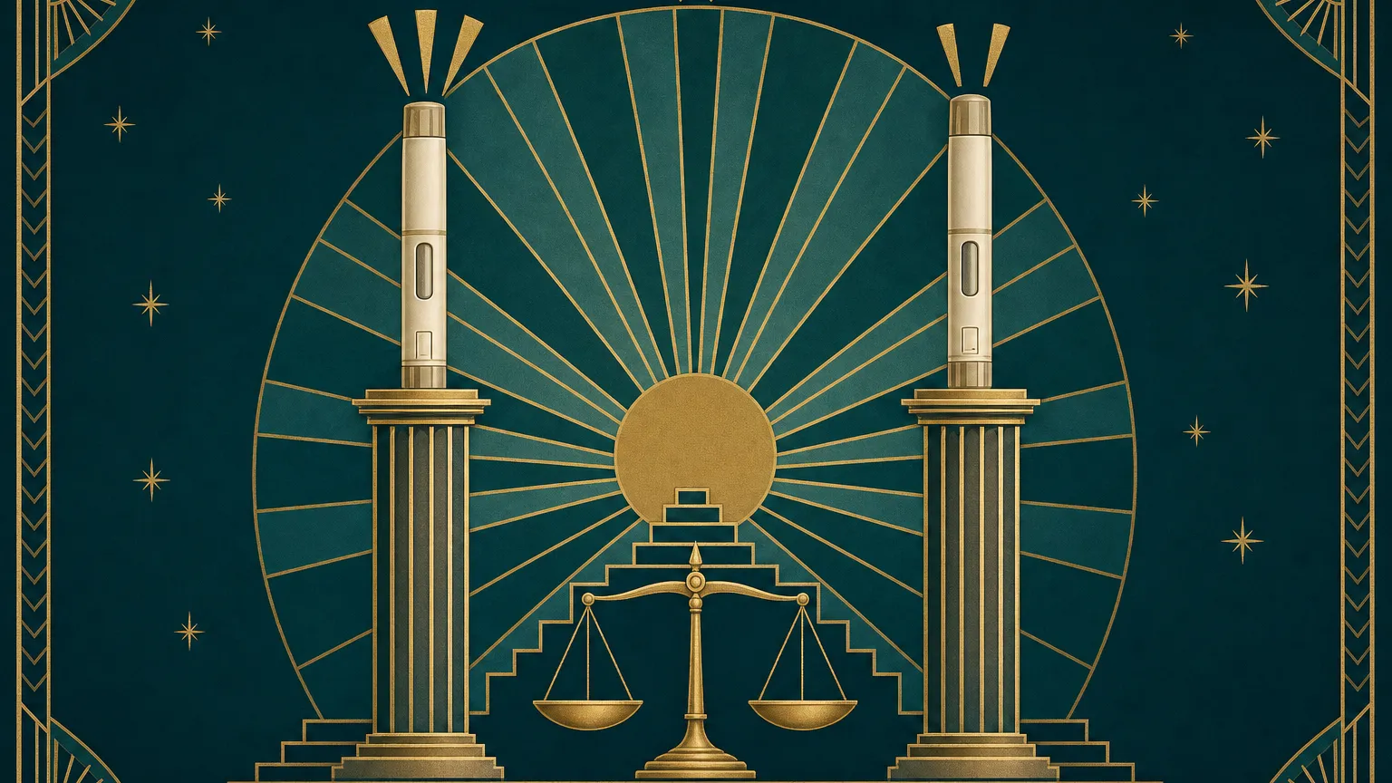 Art Deco sunburst poster with two symmetrical pillars topped by capped injection pens and a balanced scale