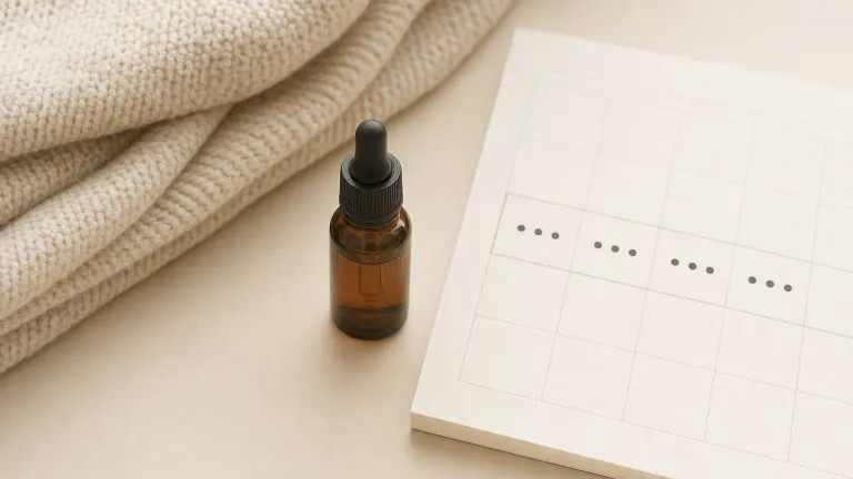 Dropper bottle next to a two-week calendar with three dots per day and a folded blanket.