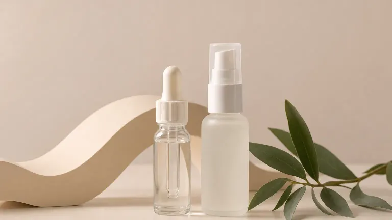 Dropper bottle and pump spray bottle side by side with a soft wave line and a leaf.