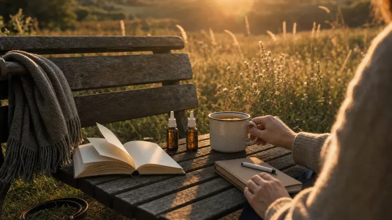Two small amber dropper bottles on a park bench at sunset beside a book and a mug of tea.
