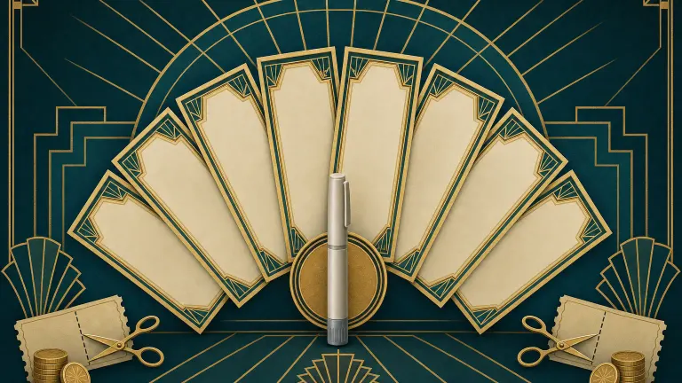 Art Deco poster of a fan of blank savings cards around a gold medallion with a capped pen and sunburst
