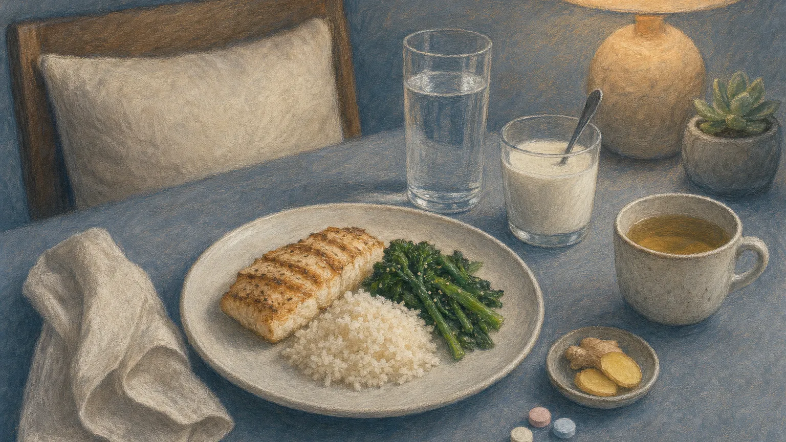 A light meal with a water glass, an antacid glass and herbal tea on a dinner table.