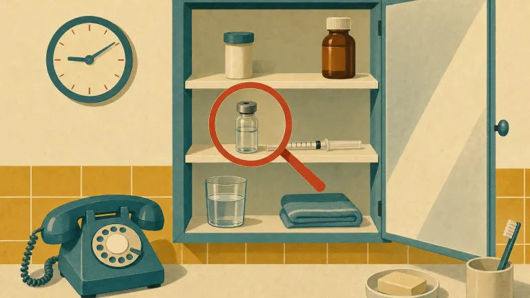 An open medicine cabinet with a vial, syringe, water glass and a magnifying glass above the vial.