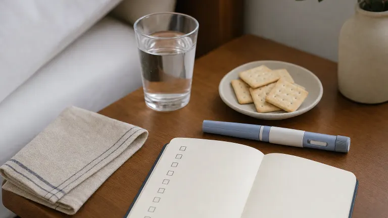 Bedside table with an injection pen, water, crackers and a notebook with blank tick boxes.