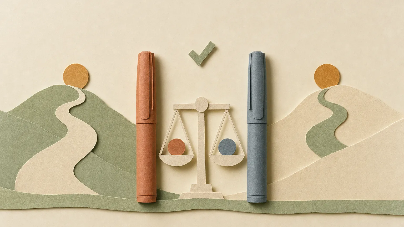 Layered paper-cut of two capped injection pens, one rust and one slate, flanking a balanced scale and two hills.