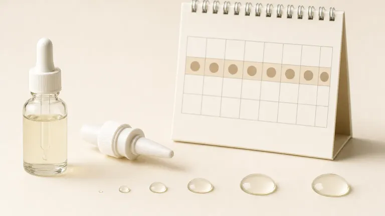 Dropper bottle and pipette next to a row of droplets of growing size and a ten-day calendar block.