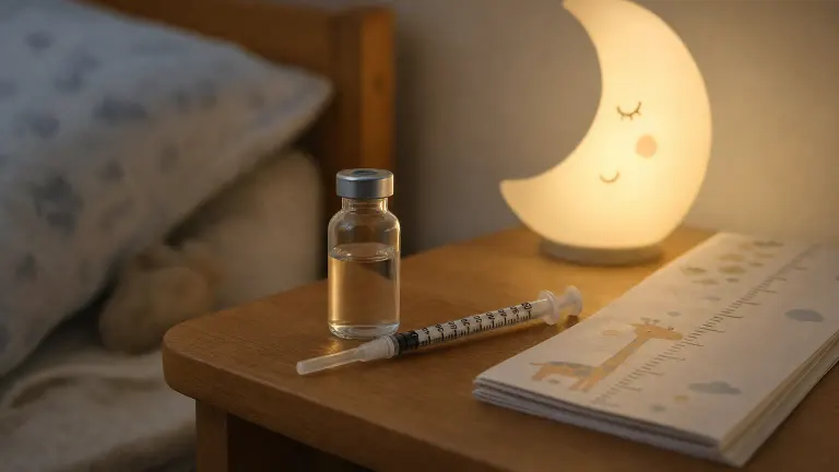 Vial and small syringe on a bedside table next to a moon night light and a folded growth chart.