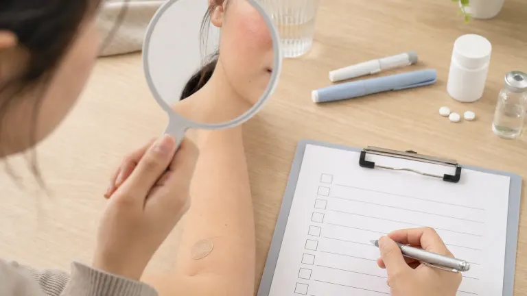 Arm with a small bandage, a hand mirror showing a flushed cheek and a symptom checklist clipboard.
