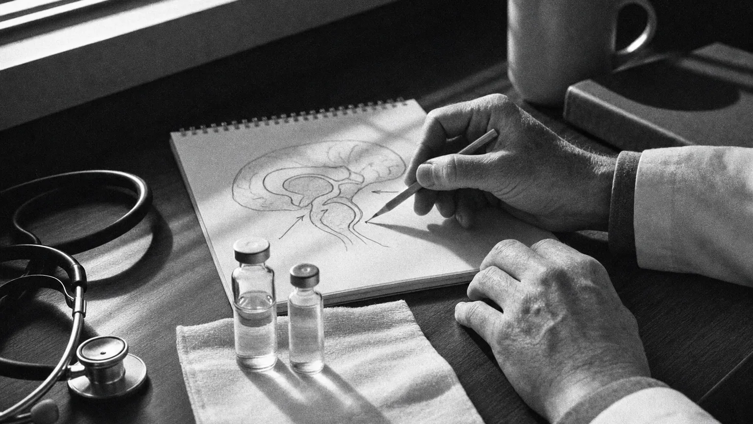 Two unlabeled vials beside a hand-drawn pituitary diagram and a stethoscope on a consulting desk.