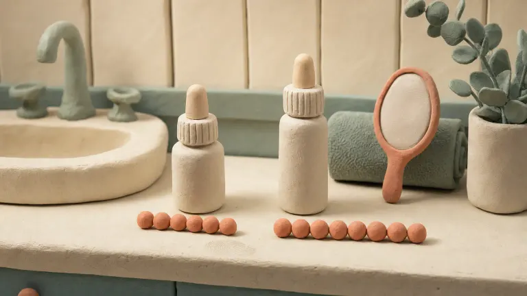 Clay miniature of two blank serum bottles with bead chains of six and eight beads on a vanity
