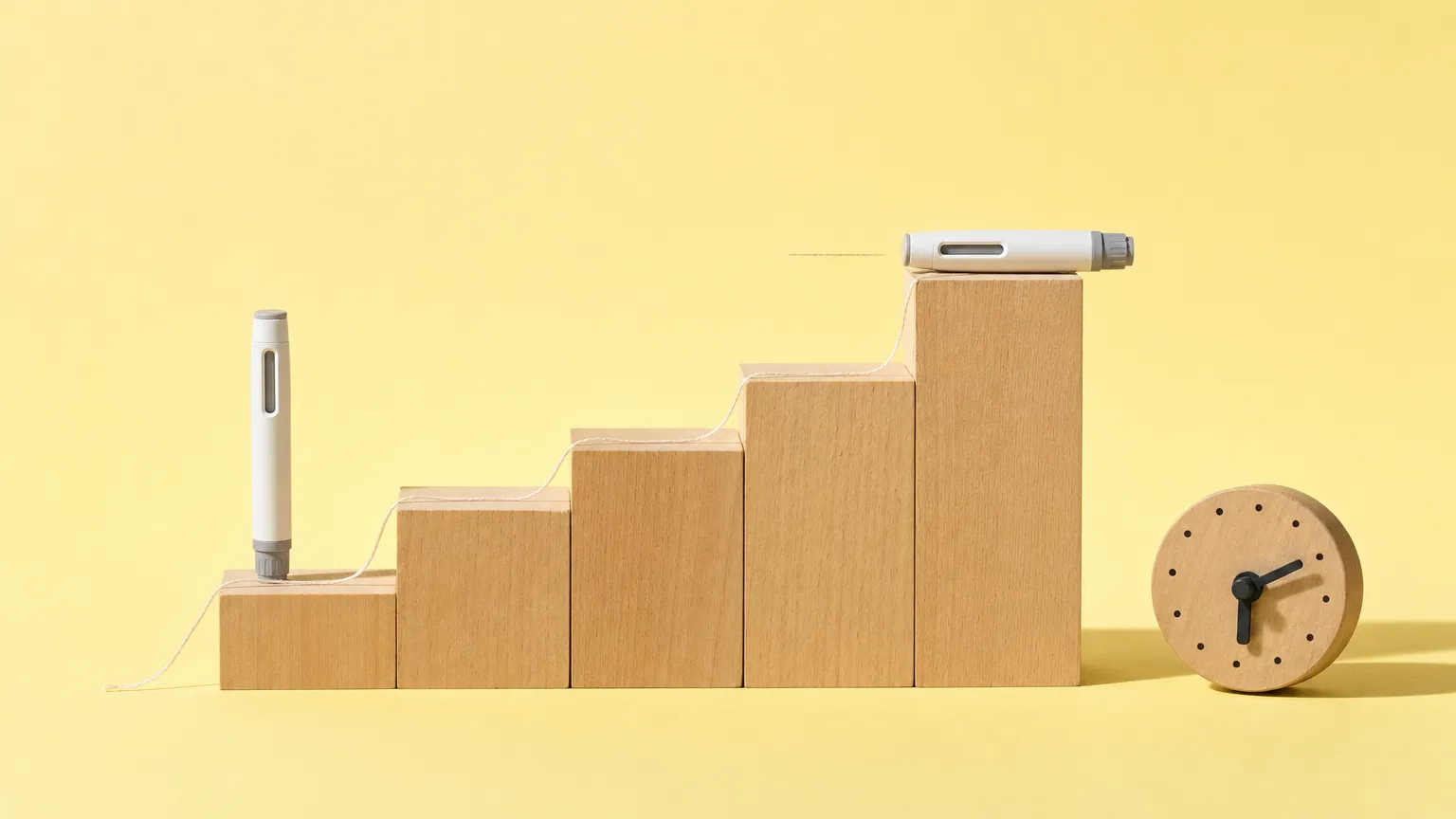Five wooden block steps ascending with capped pens on the lowest and highest steps beside a small clock