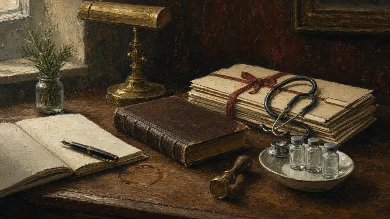 Oil painting of a desk with a rule book, tied folders, a stethoscope and three small glass vials.