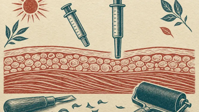 Linocut print of arm tissue layers with a short syringe above fat and a long one above muscle