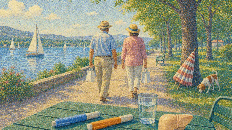 Pointillist lakeside scene with two capped injection pens and a small liver shape on a park table.