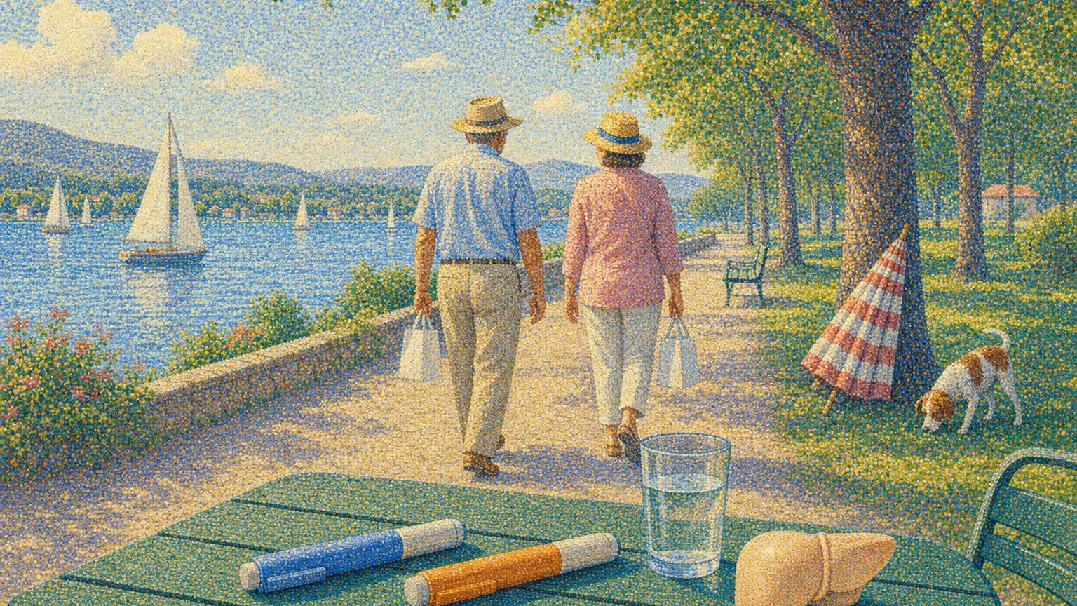 Pointillist lakeside scene with two capped injection pens and a small liver shape on a park table.