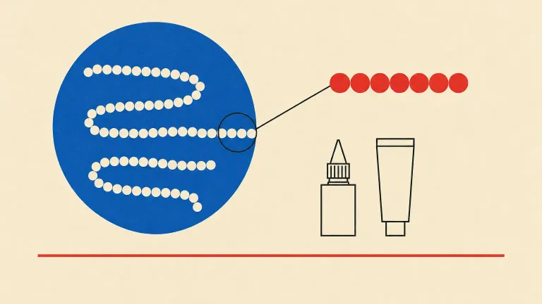 Geometric poster of a long bead chain with a short red segment pulled out beside a dropper and tube shape.