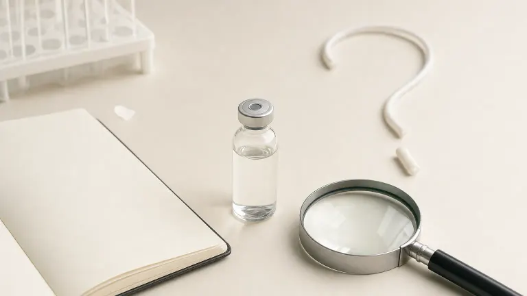 Unlabeled vial next to a magnifying glass and a blank open notebook on a lab bench.