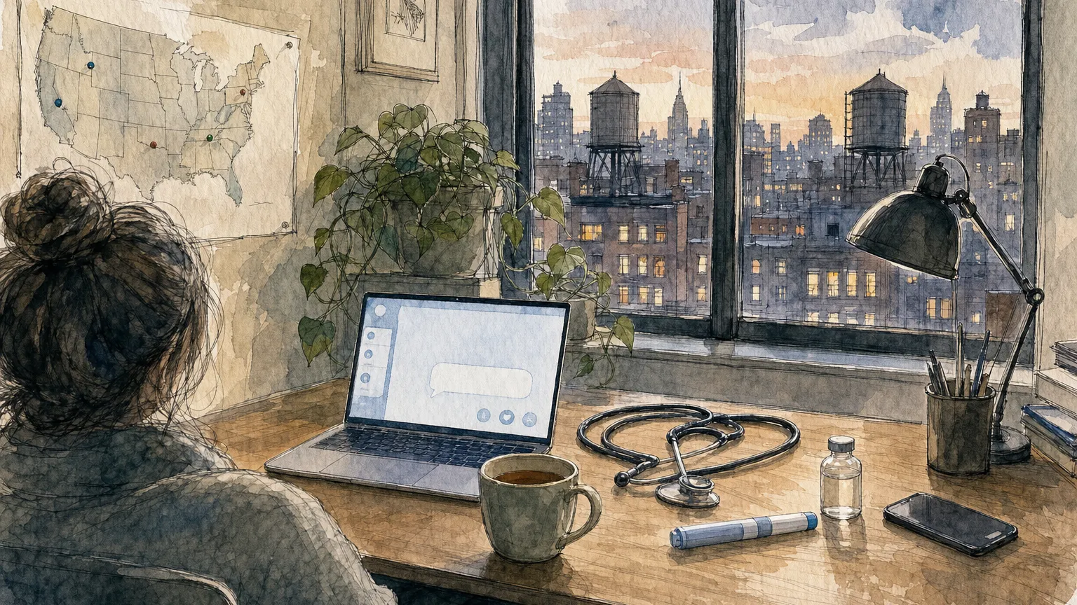 Watercolor sketch of a home office where a person joins a video call with a clinician.