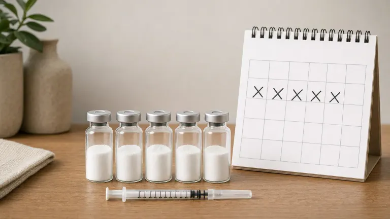 A row of five small vials of white powder beside a syringe and a calendar with five marked days.