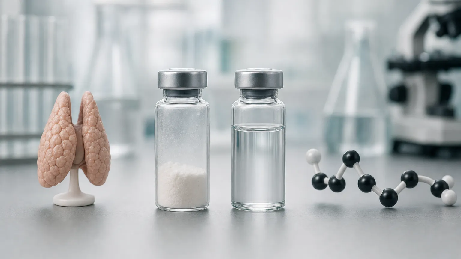 Two vials on a lab bench, one beside a thymus model and one beside a bead-chain molecule model.