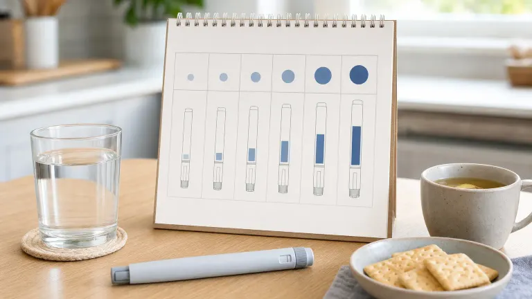 Calendar with weekly dose markers next to an injection pen, water, crackers and ginger tea on a table.