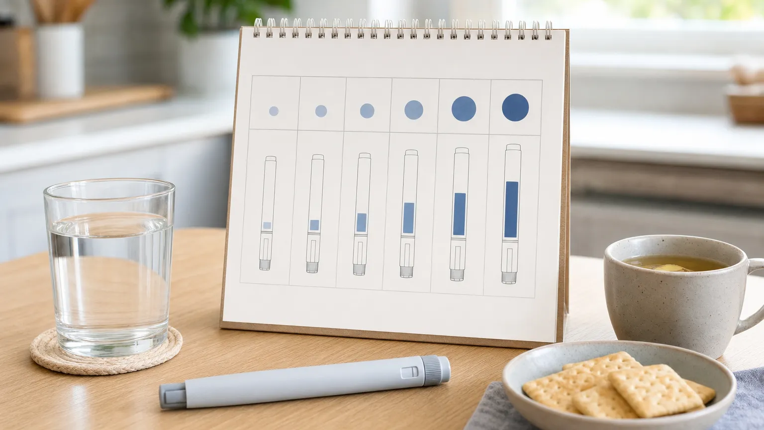 Calendar with weekly dose markers next to an injection pen, water, crackers and ginger tea on a table.